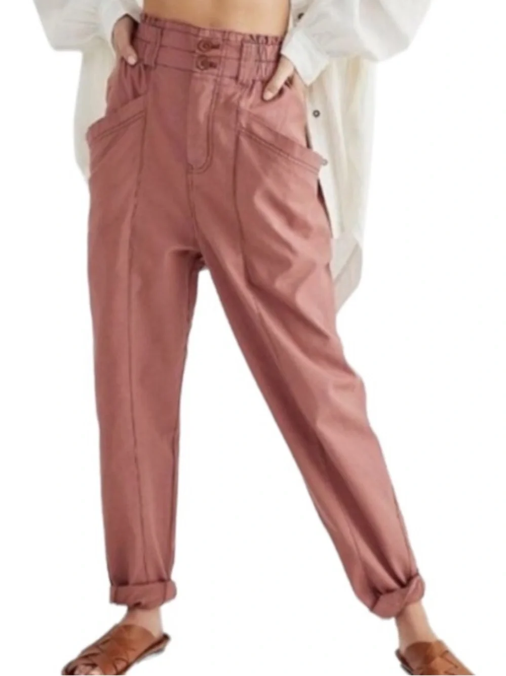 Free People Women’s Ready to Run Cinch-Waist Pants Pink Mauve Blush Small